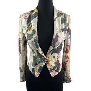 Haute Hippie Floral-Print Silk Cropped Blazer Silk Crepe Shawl Lapel Jacket 0 XS